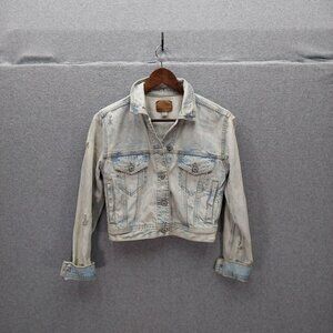 American Eagle Size S Jean Jacket Denim Crop Blue White Distressed Acid Wash
